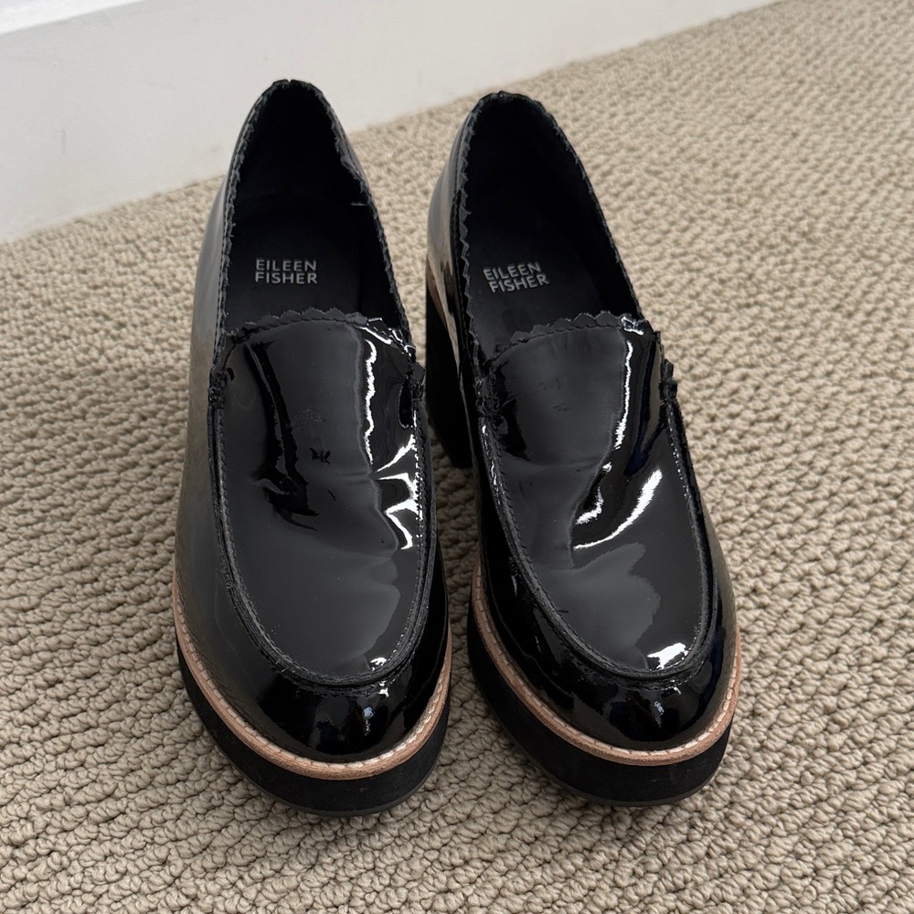 Eileen Fisher Harria Black Patent Leather Platform Loafers with Contrast Trim